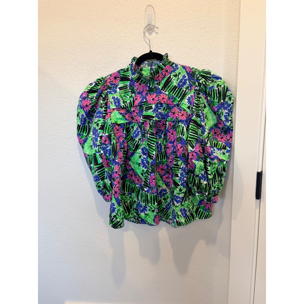 Hunter Bell Azalea Print Floral Puff Sleeve Blouse Green Pink Blue Small